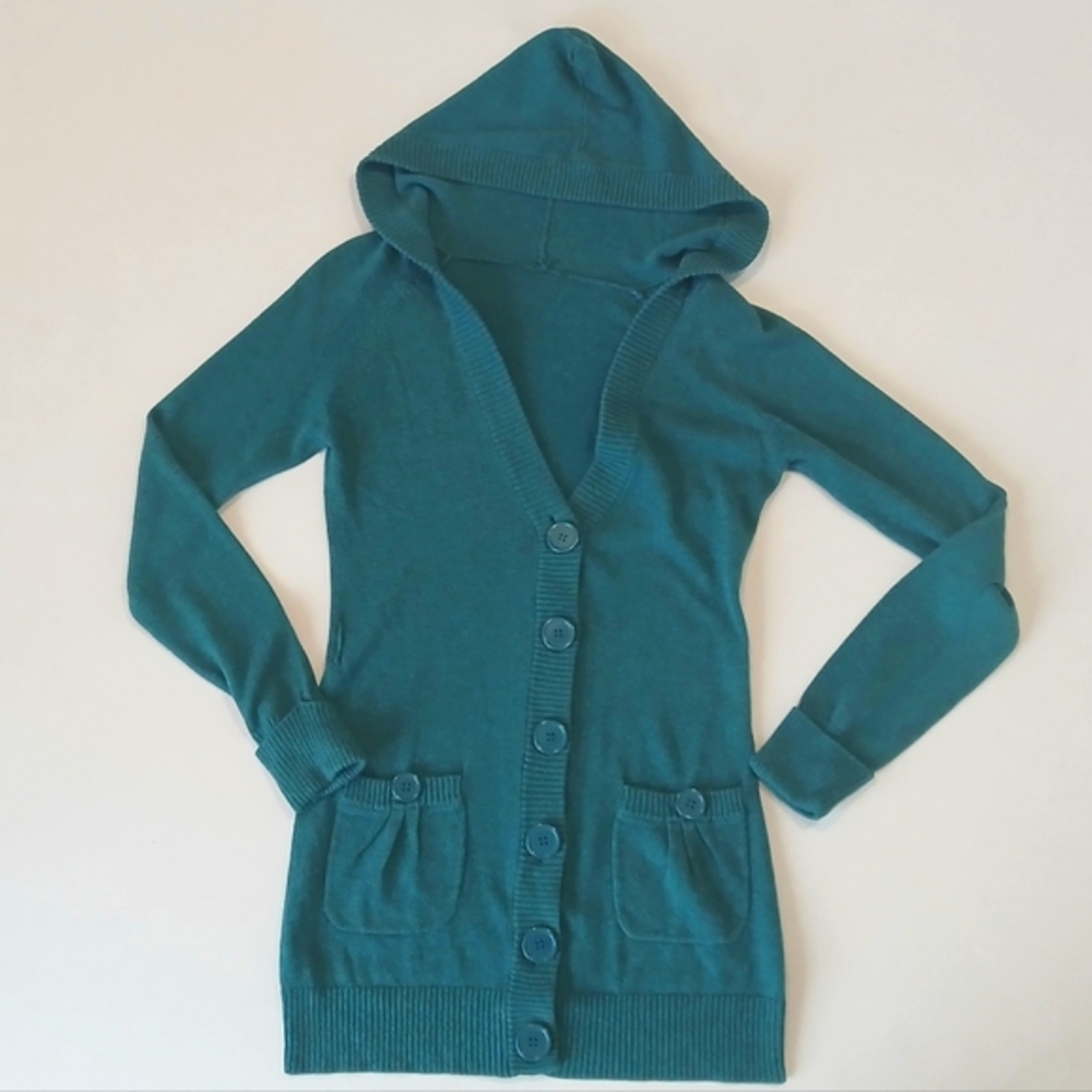 Teal Knit Hoodie Cardigan Sweater With Hood & Pockets